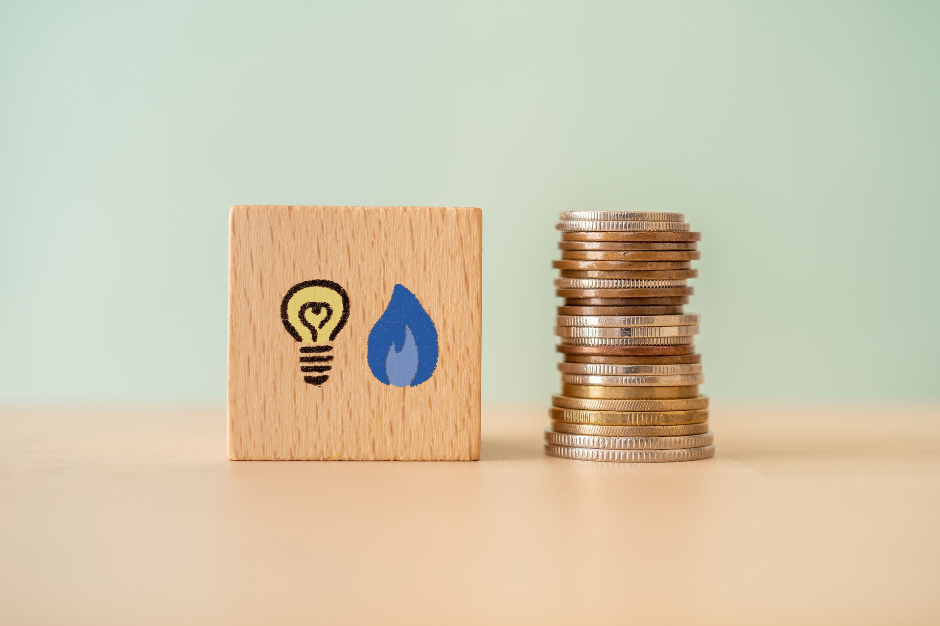Münzen und Holzblöcke mit Glühbirne und Gassymbol.